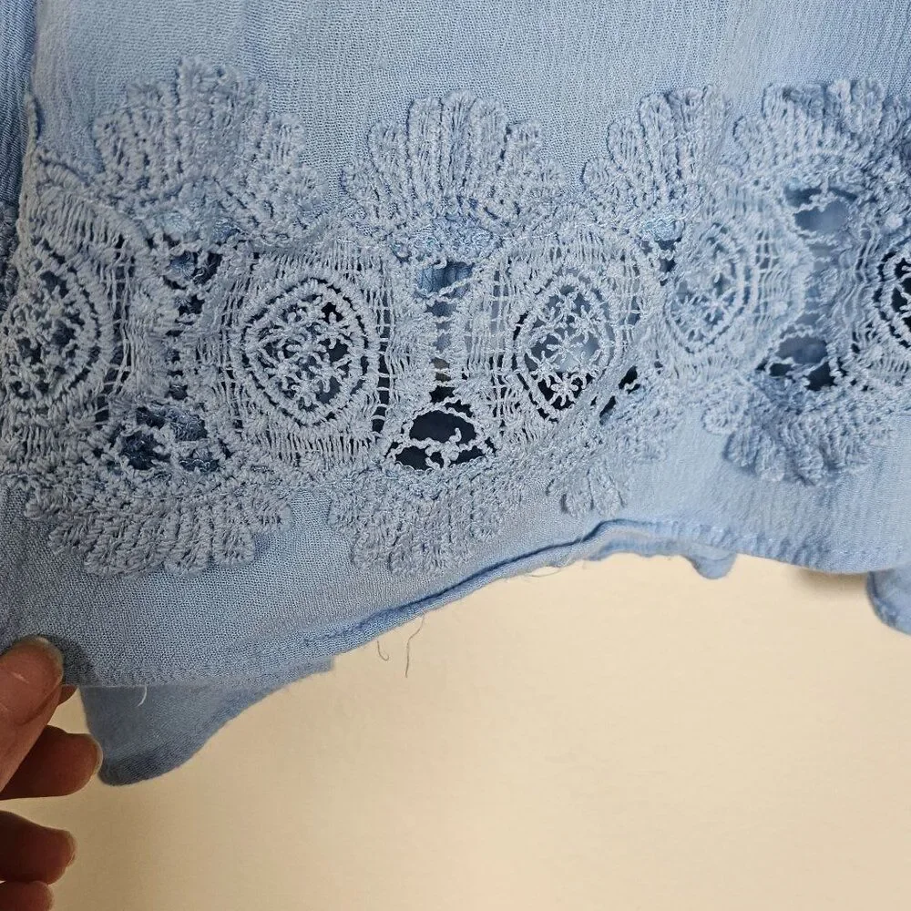 Fashion on Earth Beachy Blue Mini Dress Women's size S Lace Boho Western FLAWS
